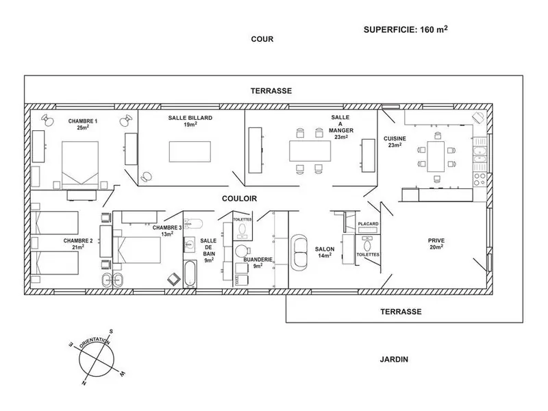 Floor plan of La Maladrerie showing the single-storey layout of the rooms